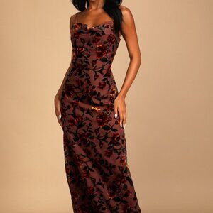 Lulus Romance In The Making Plum Purple Floral Print Velvet Maxi Dress - Size L
